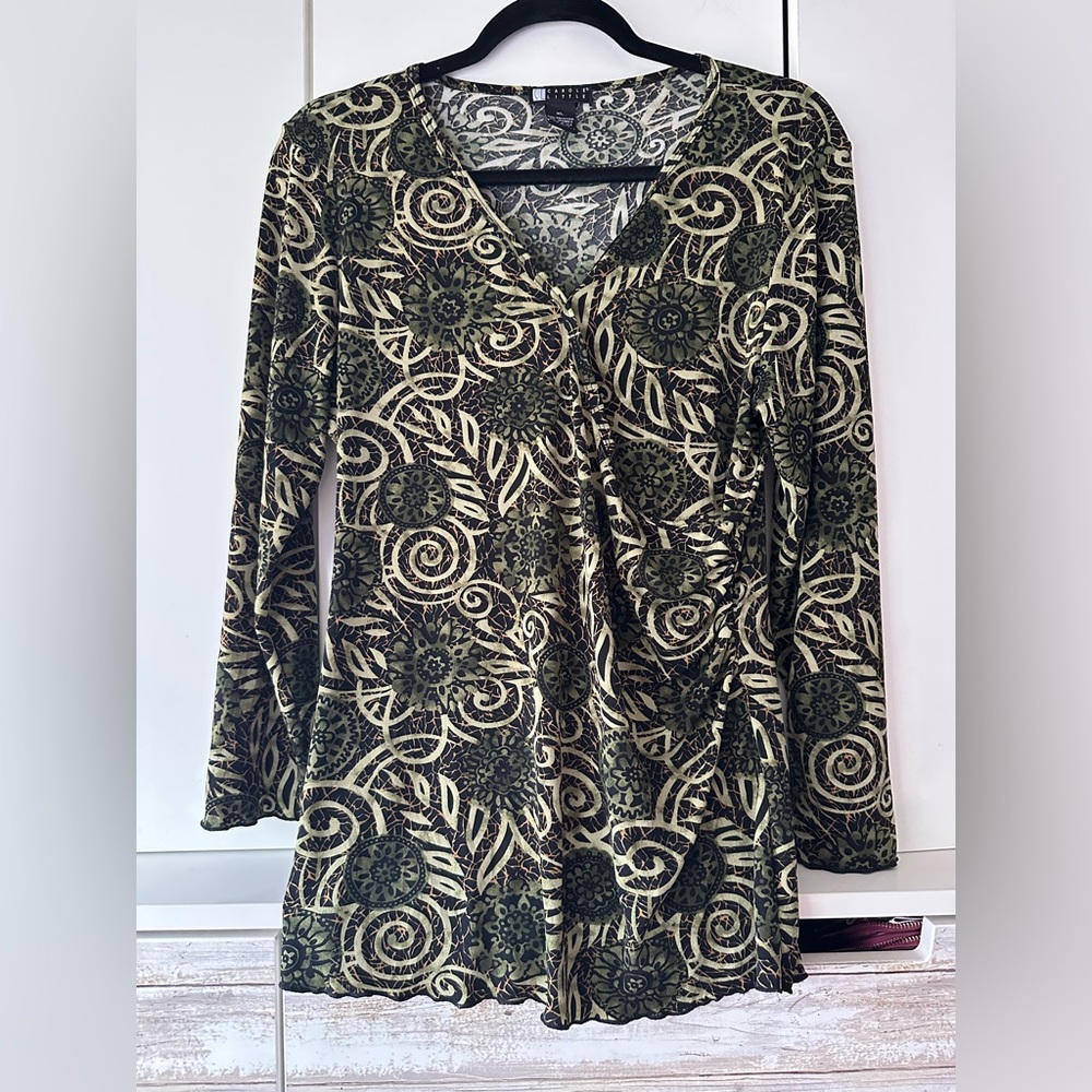 🌿 Carole Little Olive Green & Cream Wrap-Style Tunic Top – XL
